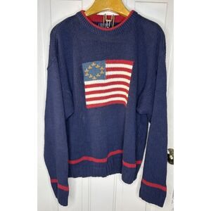Vintage Liberty Men's L Sweater Knit  Patriotic Flag Navy Blue 100% Cotton
